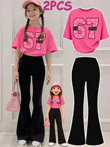 2PCS Valentine's Day Girls Clothes T-Shirt Bottom Pants Set  Six Seven Star Print Print Girl Clothes Short-Sleeved Round Neck T-Shirt Bell Bottom Pants Set Perfect For Outdoor  Kids Clothes, Children, Polyester, Outdoor Wear Summer Outfits Set