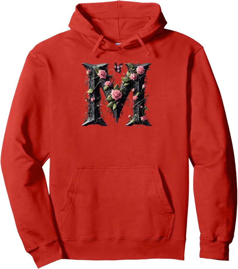 Letter M Initial Floral Monogram Rose Pink Flower Butterfly Pullover Hoodie - Parkermays Shop 55B0DQX11XF4