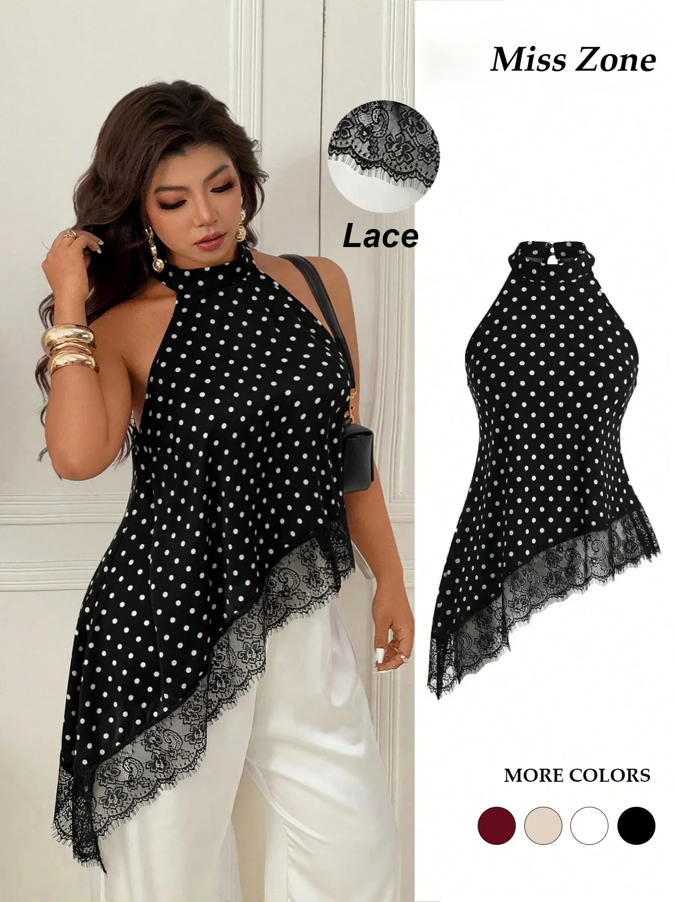 Women's Plus Size Halter Neck Top Polka Dot Sleeveless Blouse Asymmetrical Lace Trim Flowy Shirts Chic Elegant Evening Party Date Night Clubwear Casual Summer Boho Vacation Outfits Y2K Streetwear Trendy