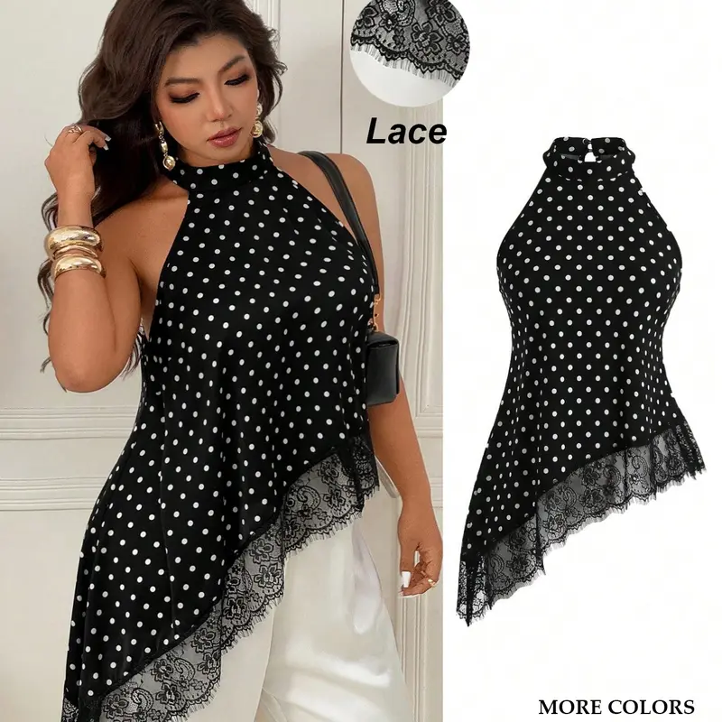 Women's Plus Size Halter Neck Strappy Top Polka Dot Sleeveless Blouse Asymmetrical Lace Trim Flowy Shirts Elegant Evening Party Date Night Clubwear Casual Summer Boho Vacation Outfits Y2K Streetwear Trendy
