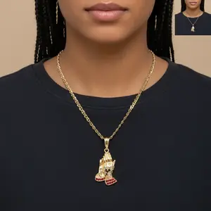 Praying Hands Red Zircon Necklace 23.5-Inch 3.5mm Figaro Oval Link Style Chain Copper Gold Plated 17.9 Grams