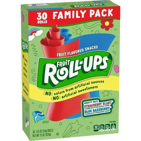Sour Sour Belt Variety Mix Fruit Roll-Ups Fruit Flavored Snacks Variety Pack, Blue Razzberry & Strawberry, 30 Count, 15 oz  Candy Sweet Bonbon Snack Chewy Fruity