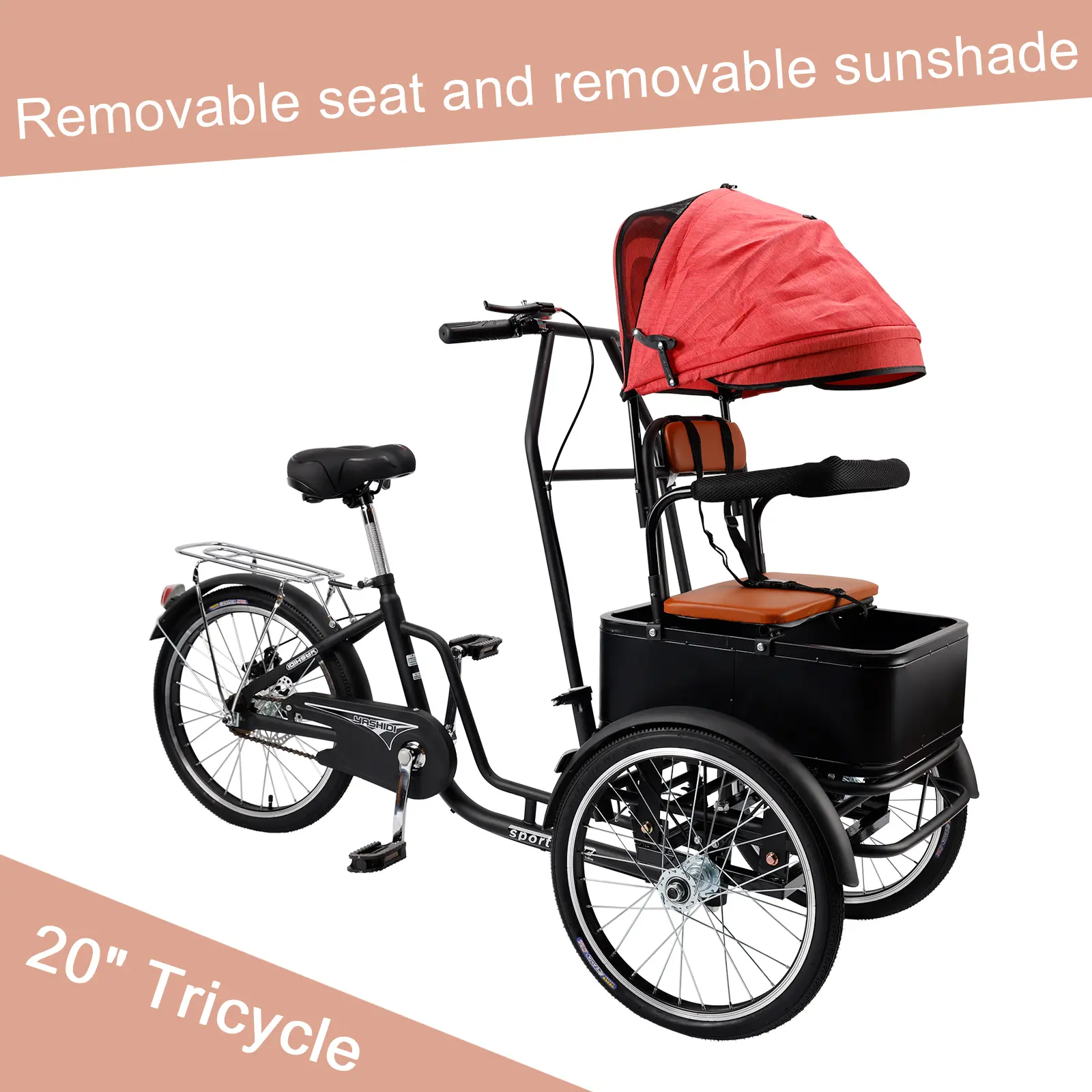 Multifuncitonal 20" Reverse Trike Tilting Tricycle, 3-Wheel Shopping Cart Pet Cat Dog Strollers, Three-Wheeler with Removable Sunshade