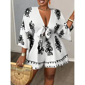 R8 fashionable women’s plus-size V-neck printed jumpsuit with lace-up waist, 3/4 sleeves, casual vacation style, machine washable, black-and-white design workwear, collared, women’s comfortable fit suit fabric made of polyester fibers