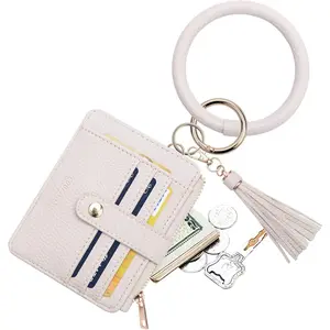 Wristlet Bracelet Keychain Credit Card Holder Purse,RFID Blocking Zip Wallet,Silicone Bead Tassel Key Ring for Women