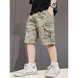 Boys' Letter Graffiti Elastic Waist Cargo Pocket Casual Loose Shorts, Comfortable and Stylish, Outings, Machine Washable Formal and Casual Wear, Suitable School, Vacation Parties, Travel, Home Activities - Perfect Birthday or