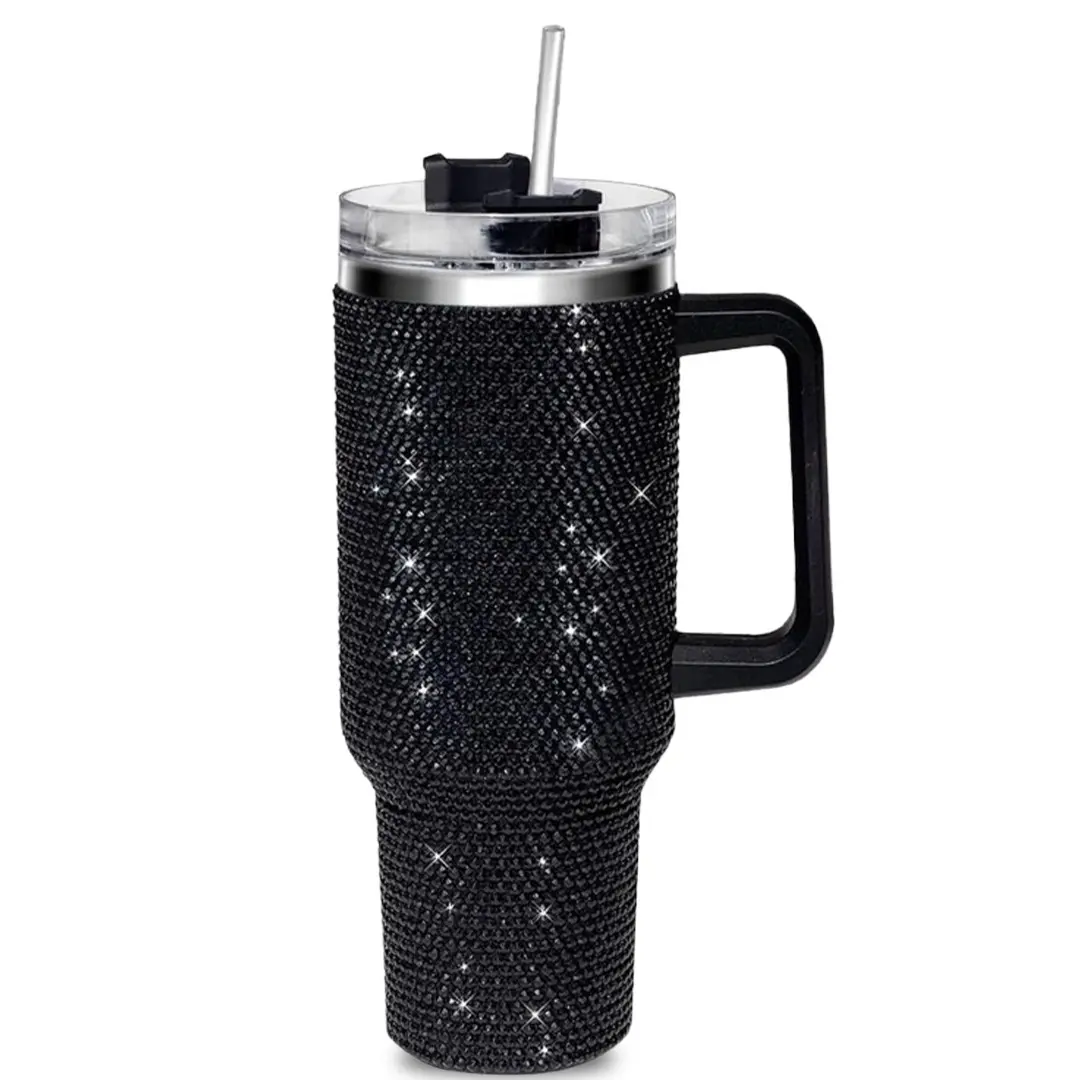 THIRSTEE 40 oz Rhinestone Glam Tumbler Black Sparkle Edition Luxury Bling Mug with Handle & Straw TikTok Viral Cup Solid Design Drinkware Flasks