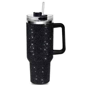 THIRSTEE 40 oz Rhinestone Glam Tumbler Black Sparkle Edition Luxury Bling Mug with Handle & Straw TikTok Viral Cup Solid Design Drinkware Flasks