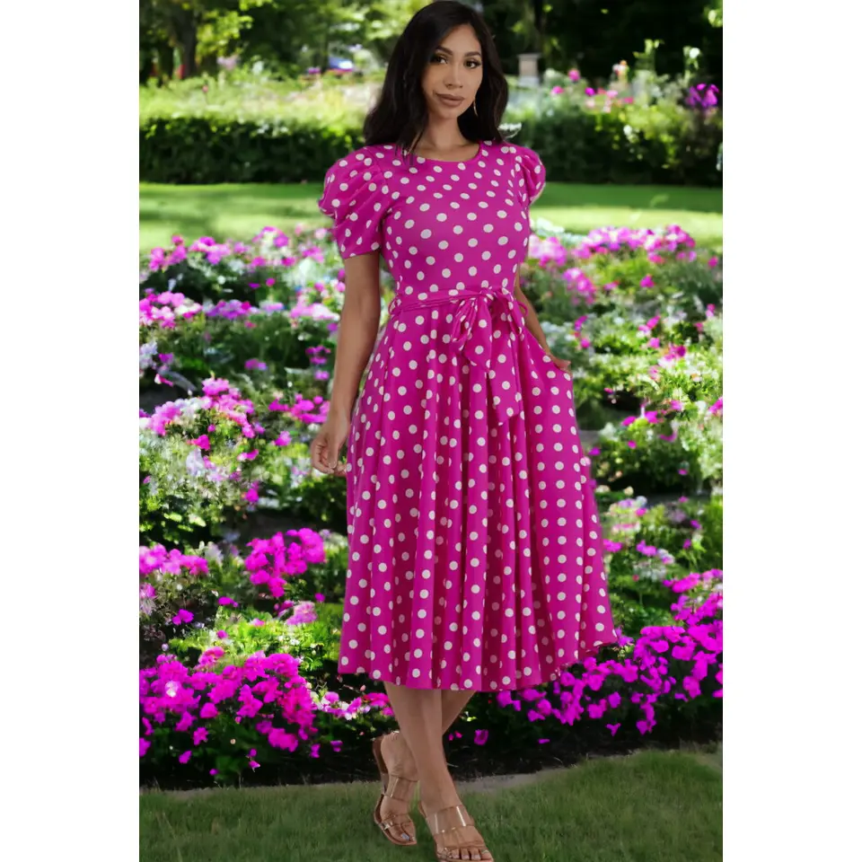 Puff Sleeve Polka Dot Cocktail Dress, Sizes 1X - 3X (Fuschia)