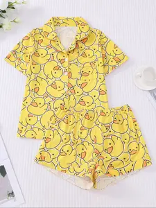 Cute Duck Print Women's Pajama Set, Short Sleeve Shirt Collar Button Soft Top & Elastic Shorts, Casual Home Wear Loungewear
