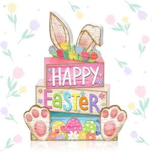 4 Pcs Easter Table Decor Happy Easter Bunny Egg Tiered Tray Decorations Set Spring Colorful Egg Rustic Farmhouse Wooden Stack Block Signs Party Tabletop Ce