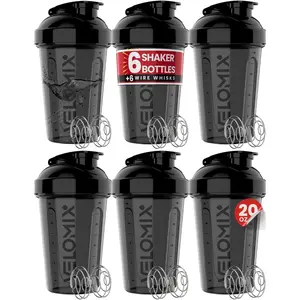 6 PACK 20 oz Protein Shaker Bottle for Protein Mixes - 6x Wire Whisk | Leak Proof Shaker Cups for Protein Shakes| Stackable Protein Shaker Bottle Pack | Dishwasher Safe (ALL IN BLACK)