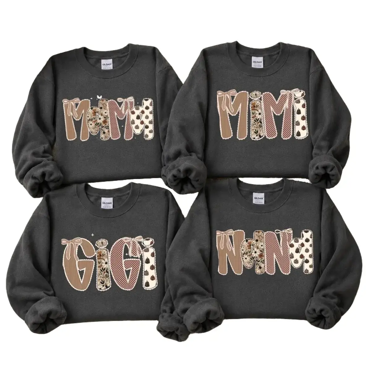 Custom Gigi Nana Mimi Mom Sweatshirt, Patchwork Bow Family Crewneck, Coquette Charcoal Shirt, Personalized Grandma Mama Gift for Women, Cute Fall Floral Family Sweatshirt -DarkFlex