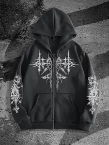 Men's Gothic Style Drop Shoulder Zipper Up Hoodie, Regular Fit Casual Longsleeves Graphic Hooded Sweatshirt for Fall & Winter, Men's Top for Daily Wear, Pullover, Drawstring Zip Hoodie