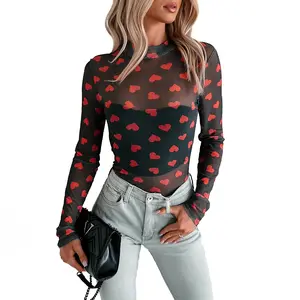 Znacicc Women's Sheer Mesh Long Sleeve Top Red Heart Print with Love Slogans Outfit for Stylish Looks