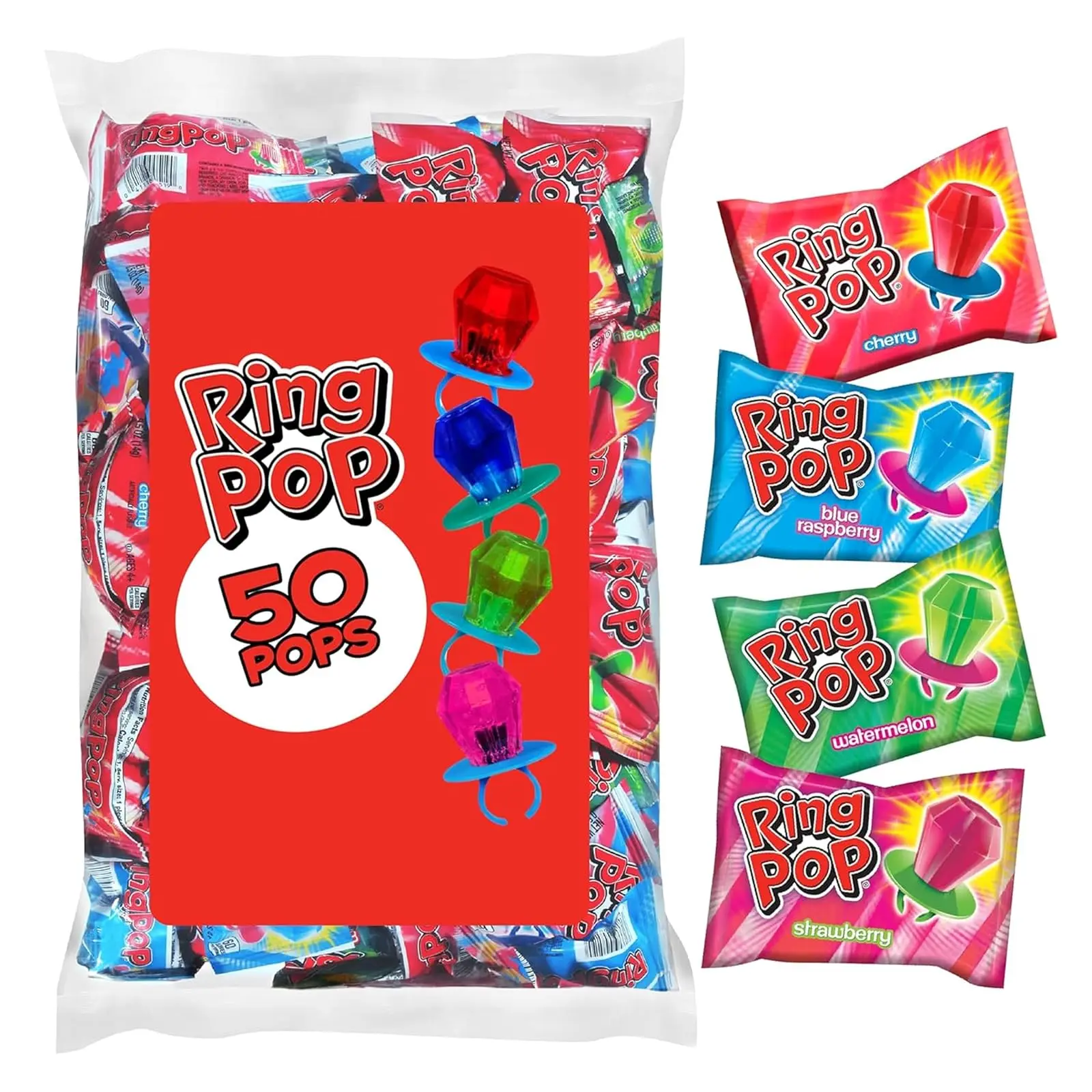 Ring Pop Lollipops, 50 Count, Assorted Bulk Candy Party Favors for Kids | Individually wrapped hard candy suckers, bulk variety pack, assorted flavors for party favors and kids goodie bag stuffers