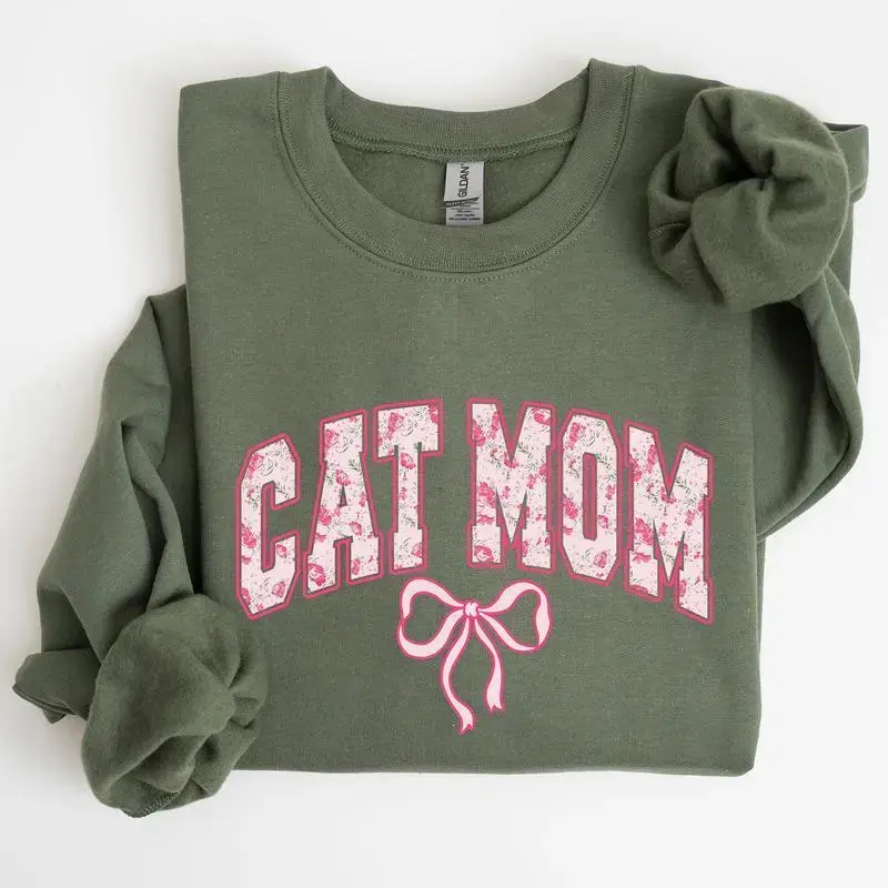 Cat Mom Sweatshirt, Floral Cat Mom Crewneck, Cute Cat Lover Sweatshirt, Bow Cat Mom Pullover, Pet Mom Gift, Cat Lover Gift, Cozy Mom Sweatshirt
