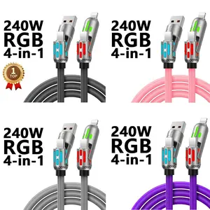 2026 All-New 4-in-1 Universal Fast Charging Cable, Max 240W High Speed Charge & 480Mbps Data Sync Cord, USB A/Type C/Lightning Multi Interface with Soft LED Breathing Light, Durable Multi Charger Wire for iPhone, Android Smartphones