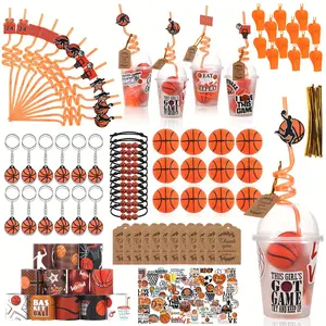 Basketball Party Favors, 158pcs Birthday Party Supplies include Cups, Straws, Slaps Bracelets, Keychains, Mini Balls, Stickers, Whistles, Thank You Tags for Sport Themed Birthday Decors Gifts