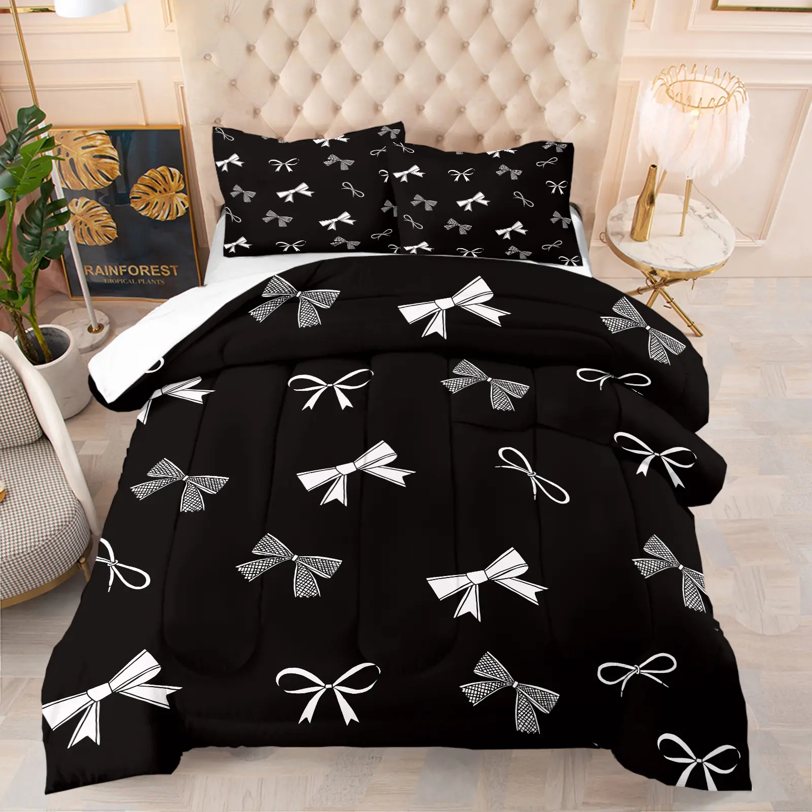 2/3-Piece Sweet and Cool Style Bedding Set, Cute Black and White Bow Print Comforter Set, Quilted Design, Girly Bedroom Decoration, Simple and Stylish, Soft, Comfortable and Breathable (Includes 1 Quilt + 1 Or 2 Pillowcases), 5 Styles Available.