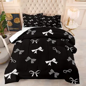 2/3 Piece Classic Black Background Bow Print Comforter Set, Soft Bedding Sets, Bedroom Decoration，Ultra-Fine Fiber Soft and Comfortable, Simple and Fashionable, Including 1 Quilt and 1/2 Pillowcase