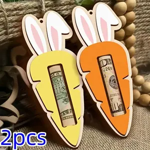 Wooden Easter Tags Set, Flat Design, Cute Bunny Carrot Money Clip, Perfect for Easter Decorations, 2pcs Wood Craft Supplies