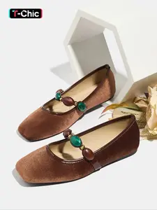 Women's Plus Size Retro Square Toe Flat Shoes Slip-On Comfortable Soft Sole Mary Jane Flats with Gem Decoration Casual Commuter Shoes All Seasons Footwear