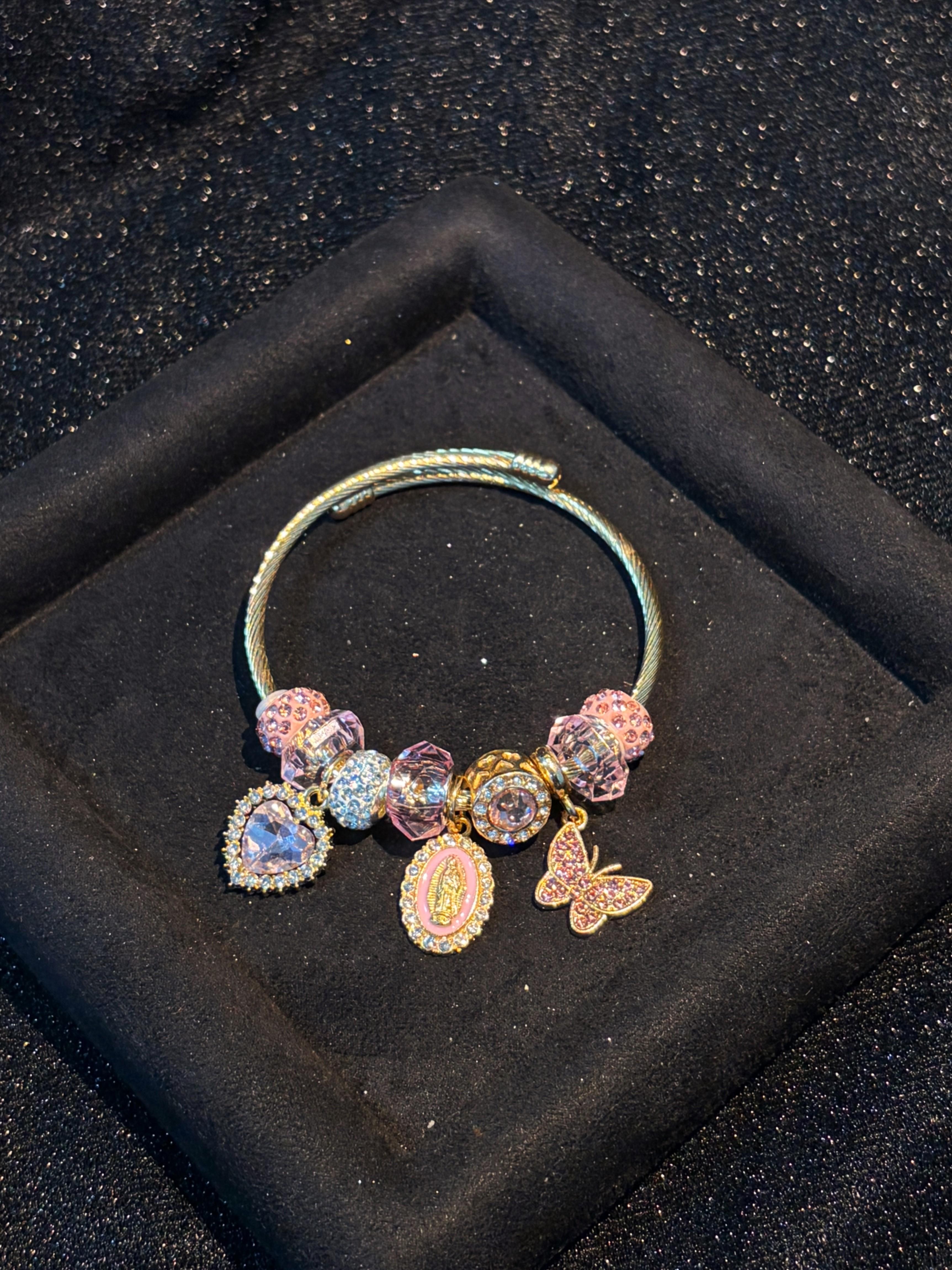 Women's Gold-Tone Virgin Mary Butterfly Heart Charm Adjustable Wire Cuff Bangle - Open Bracelet with Sparkling Crystal Beads-Pink, Red， Religious Costume Jewelry Gift