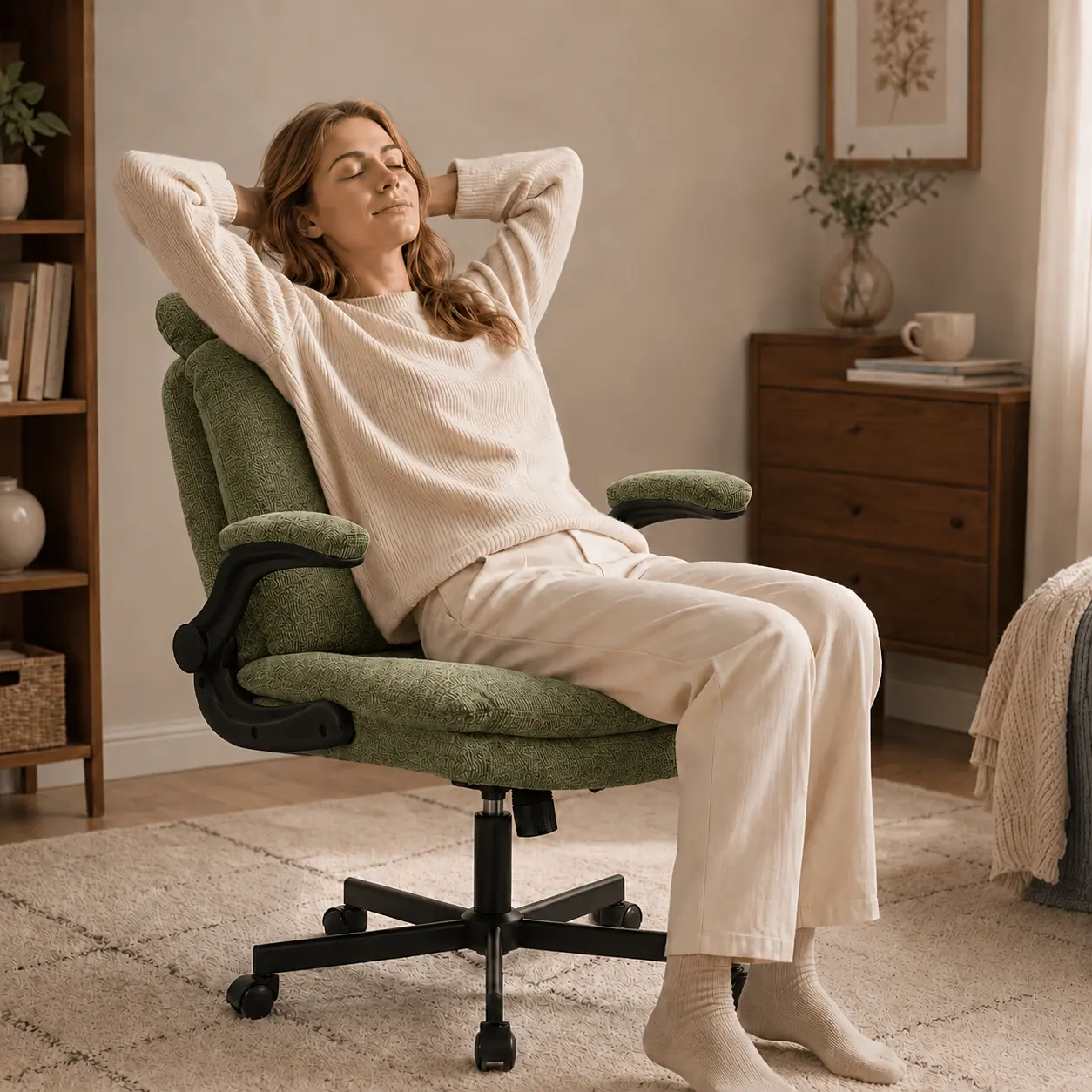 Criss Cross Chair with Wide Seat,CrossLegged Office Chair with Adjustable Arms &Rocking, Ergonomic Desk Chair with Wheelsfor Office/Bedroom