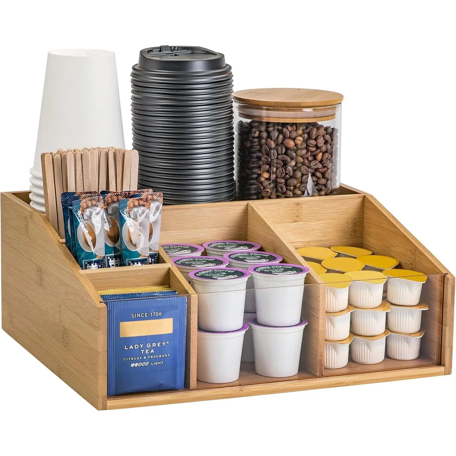 Coffee Station Organizer for Countertop, Coffee Bar Accessories Organizer with 6 Compartments for  Bags Condiment, Pods, Creamer, Syrup, Cups