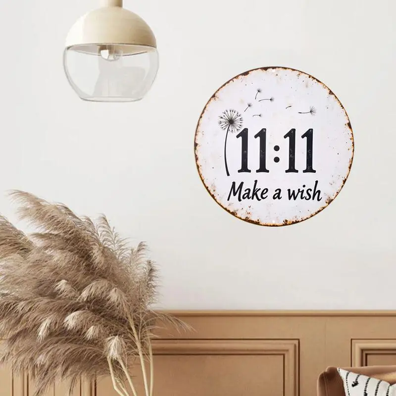 Rustic Metal Wall Sign - Retro 2D Flat 8x8 in Circular Waterproof Hangable Mountable Dandelion 1111 Make a Wish Design, Eco-Friendly Home Decor for Bathroom Kitchen, Outdoor Aesthetic Gift Plaque Decorative Wall Sign Hanging Farmhouse Sign