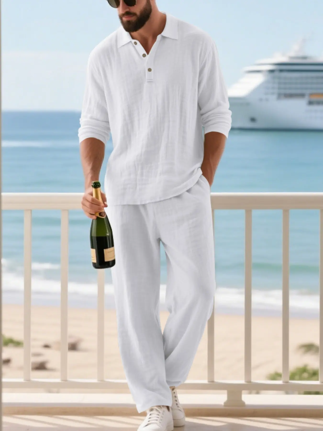 Men's classic and casual linen suit, Hawaiian beach-style casual men's clothing, breathable and loose collared long-sleeved polo shirt plus straight-cut linen trousers set, suitable for daily travel and leisure wear, White, Menswear