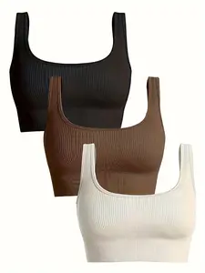 Women's Plain Short Knit Ribbed Tank Top with Bra Pads, Sleeveless Slim-Fitting Design for Yoga & Casual Wear, Multi-Pack Options Available