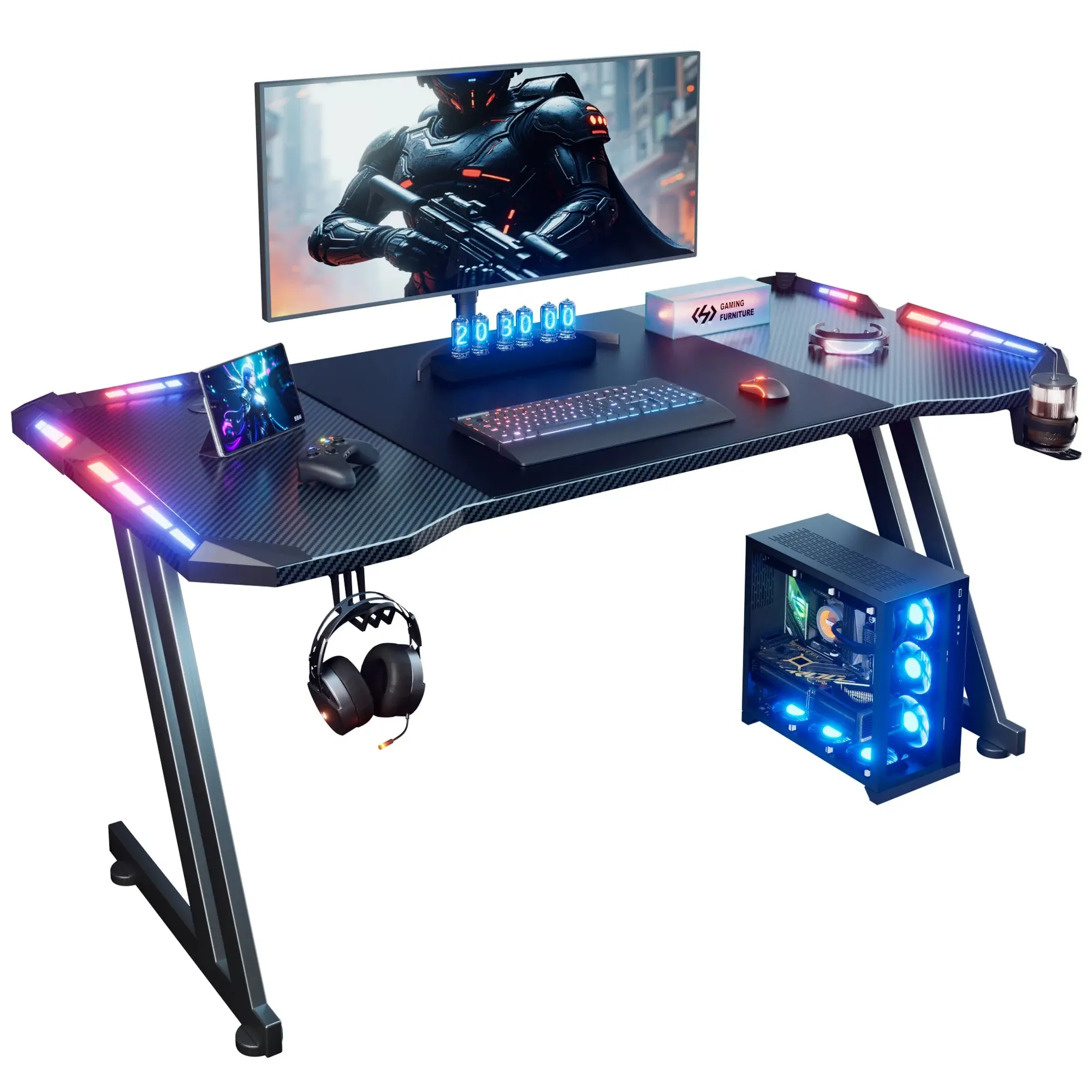 LevelDesk™ Z RGB Gaming Desk | LED Gaming Computer Desk with Carbon Fiber Top, Cup Holder & Headphone Hook (47"/55"/63")