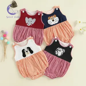 Baby Boy Sleeveless Round Neck Summer Romper Overalls, Animal Embroidery, Plaid Print Jumpsuit