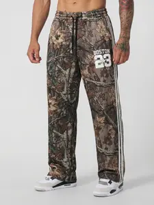 Men's Boston 23 Real Tree Camo Print Baggy Track Pants, Drawstring Waist Wide Leg Sports Trousers with Side Stripes, Streetwear Joggers for Casual & Athletic Wear