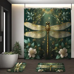 LVRLVR 4pcs Golden Dragonfly Emerald Green Floral Luxury Art Nouveau Bathroom Set with Shower Curtain, Bath Rugs and Hooks Bathroom Decoration Accessories, Shower Essentials - 70.8"×70.8" (180×180cm)