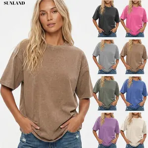 Sunland Acid Washed Oversized Cotton T-shirt Unisex Chew Neck Short Sleeves Summer Casual Loose Fit Streetwear Basic Women's Shirt Good Vibes valentine women