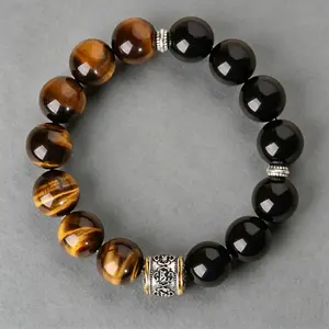 Yellow Tiger's Eye & Obsidian Beaded Bracelet — A Feng Shui Stretch Bracelet For Attracting Wealth And Blessings. An Energetically Charged Gemstone Bracelet Designed To Boost Self-Confidence, Provide Protection, And Attract Prosperity And Abundance