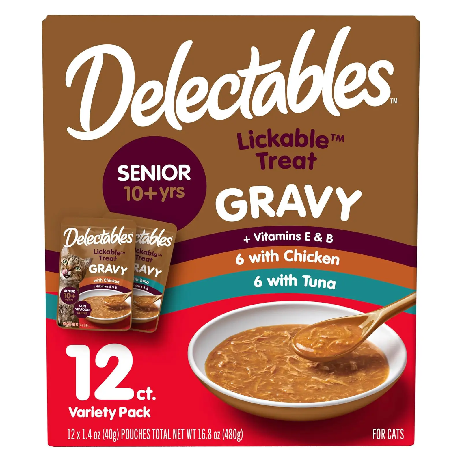 Delectables Lickable Treat Gravy Wet Cat Treat with Real Tuna & Whitefish, Food Topper, Hydrating, Grain-Free, No Fillers, By-Products, Added Preservatives, 1.4oz Pouch, 12ct
