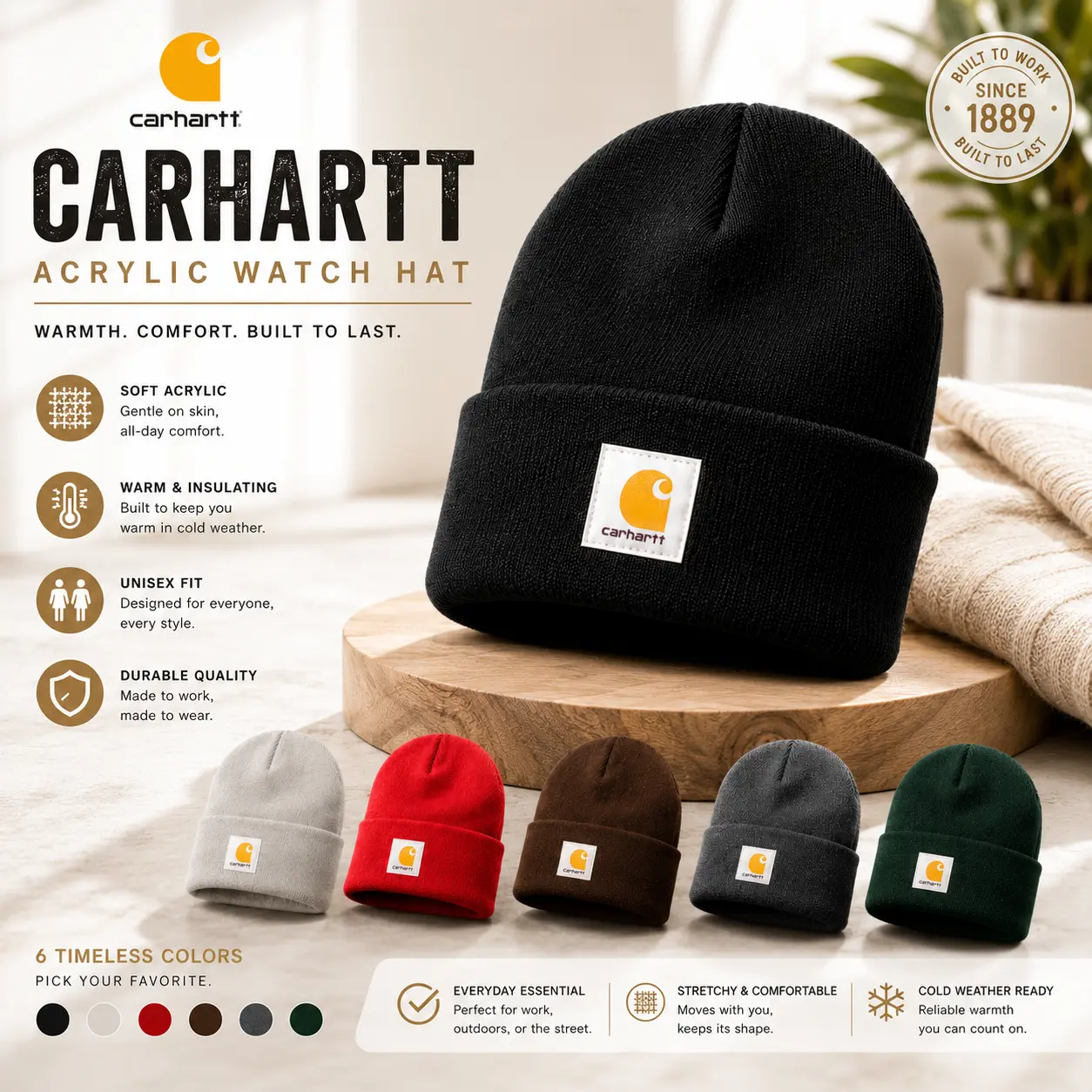 Carhartt Watch Hat Knit Beanie Warm Winter Acrylic Cap for Men Women Stretch Cuffed Skull Hat Outdoor Workwear Streetwear Casual Fashion Comfortable Cold Weather Adult One Size Gift