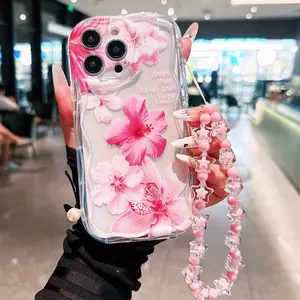 Transparent Cream Lily Pattern Floral Phone Case, Anti-Drop Lanyard Design, Soft Full Coverage Protection for iPhone Models 11-15 Pro Max