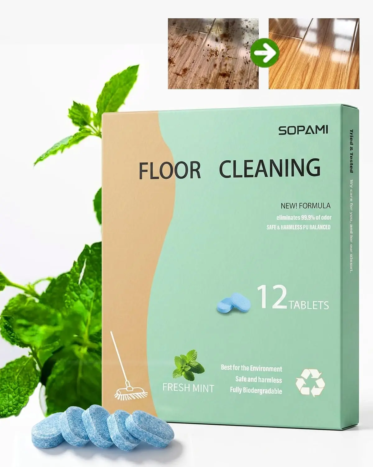 SOPAMI Floor Cleaning Tablets Deep Cleaning Solution Mint Scent 12 count | for Hardwood ,Tile,Laminate,Vinyl, Suitable With All Robot Vacuums with Mopping and Cordless Wet/Dry Vacuum Mop Cleaner