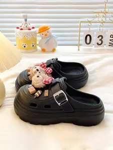 Spring Cute Casual Cartoon Thick Sole Hole Shoes Footwear for Women, Detachable Plush Bear Decoration Sandals, 5cm Height Increase, Eva Non-Slip Slippers, Thick Soled Slippers