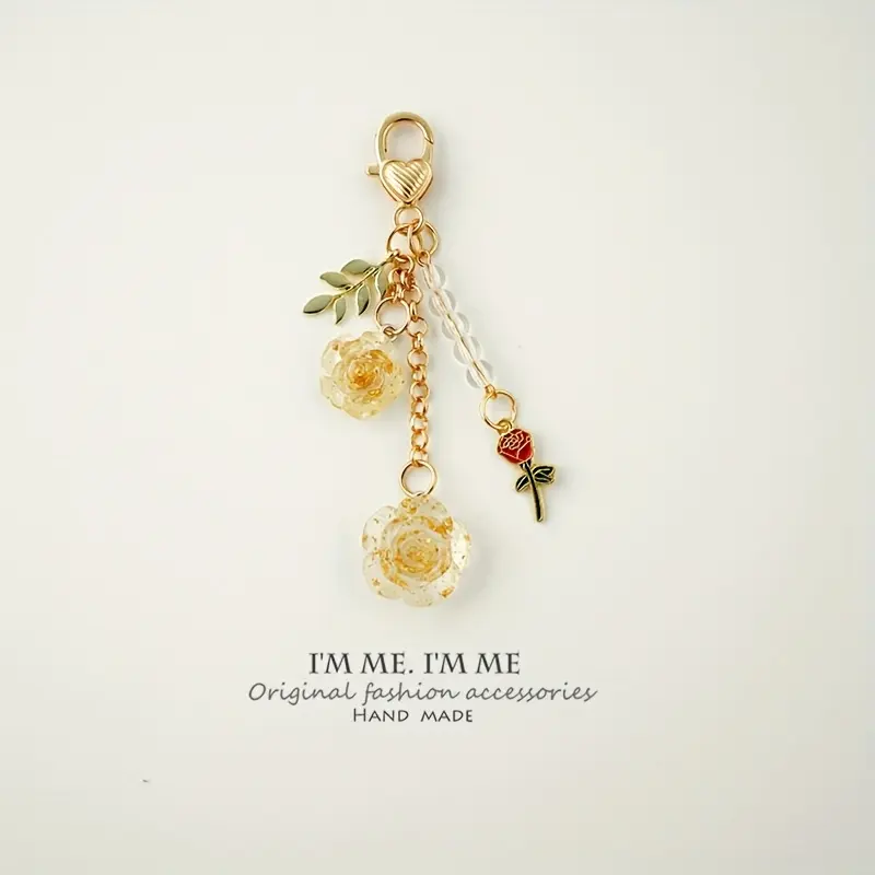 Single Red Rose & Camellia Resin Keychain with Golden Lobster Clasp - Elegant Car Keychain, Flower Keychain, USB Disk Holder, Mother’s Day Gift for Women, Cute Floral Pattern Keychain, Resin Keyring