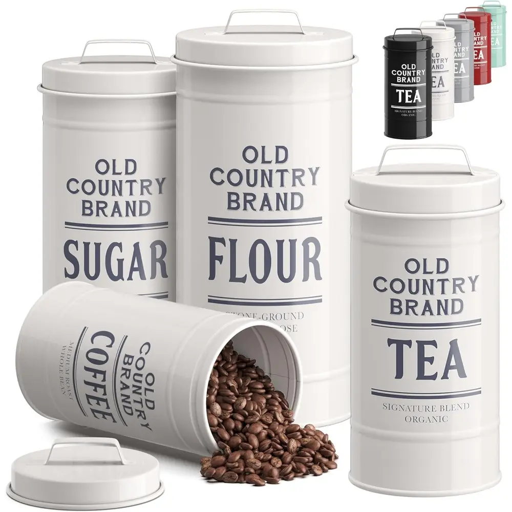 Antique Rustic Round Tin Airtight Kitchen Storage Canister Set of 4 - Multi-Size Metal Nesting Containers with Silicone Sealed Leak-Proof Lids (White) for Coffee, Tea, Sugar, Farmhouse Decor, Country Decor, Farmhouse Label, Hand Wash Only, Kitchen Decor