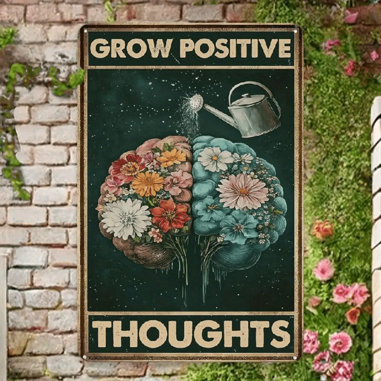 Vintage Metal Wall Sign For Vertical Iron Sheet Painting Featuring Floral Brain Design and Motivational Quotes 8X12 Inches Perfect for Living Room Kitchen Office and Garden Home Decor Aesthetic