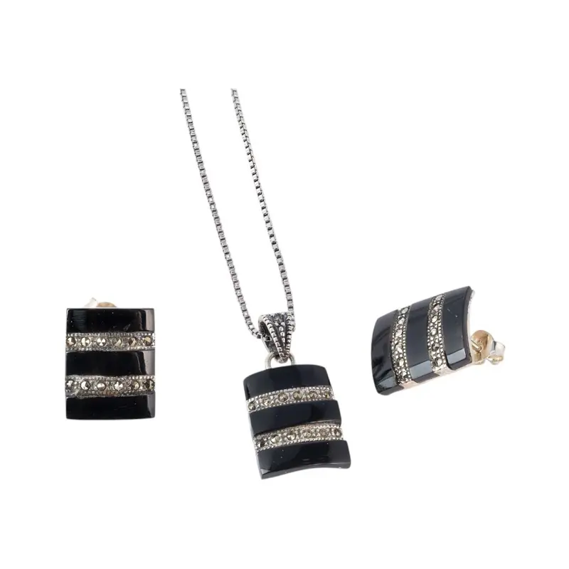925 Sterling Silver Crafted Marcasite Stones & Black Onyx Jewelry Set - 1mm Box Chain Necklace (16in, 18in, 20in) + Earrings, Adults, Durable Daily Wear