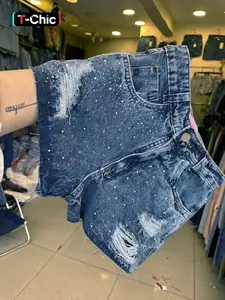 American Style Sexy Washed Edge Rhinestone Denim Jeans Shorts for Women, Summer High Waist Fitted Design, Button Fly Mid Waist Short Pants