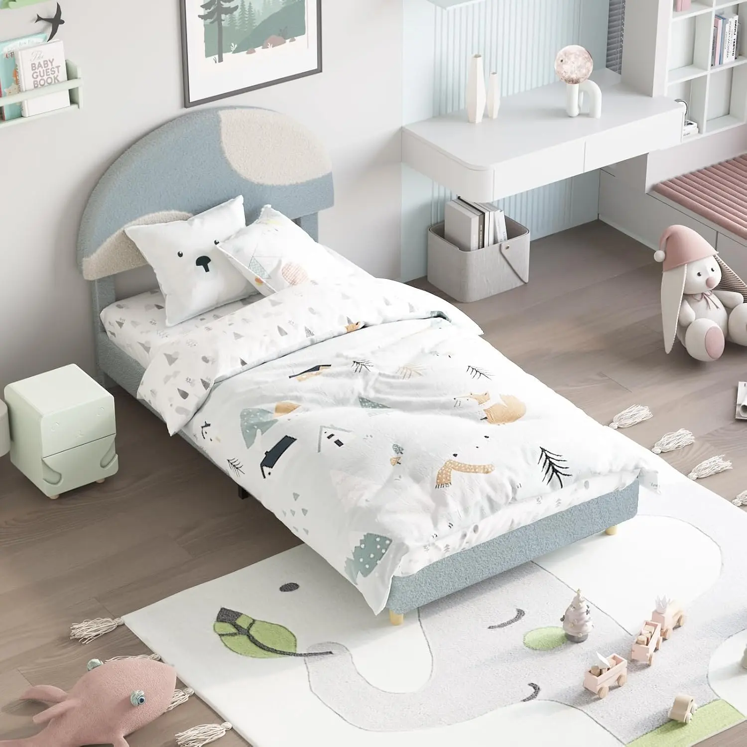 Oval Two-Tone Lamb Fleece Platform Bed – Soft Arch Headboard, Wooden Slats, No Box Spring, Available in Twin Blue/Ivory, Full Blue/Ivory, or Twin Pink/Ivory